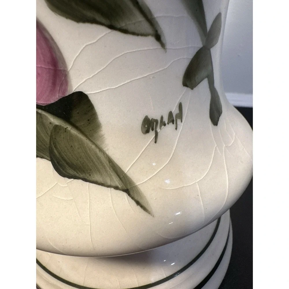 VTG Hand-Painted Crackle Ceramic Table Lamp Pink Floral Brass Hollywood Regency‎